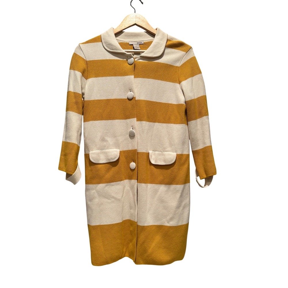 Evie Mustard Yellow Striped‎ Cardigan Sweater Small Preppy Knit